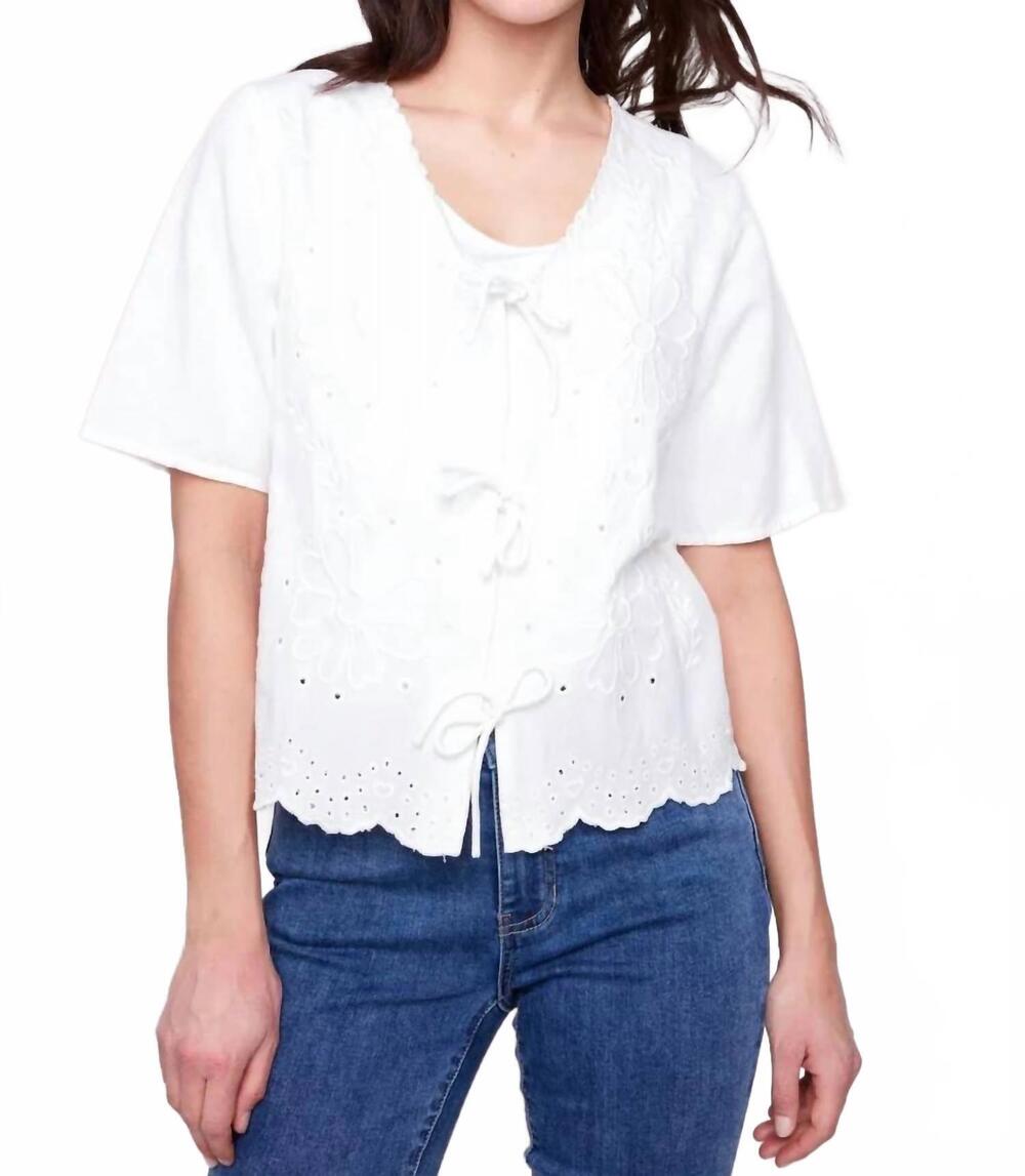 NEW CHARLIE B eyelet v-neck embroidery blouse in white
